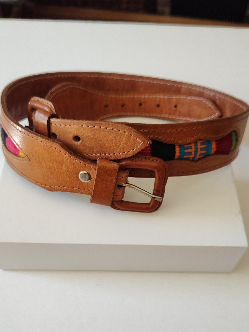 Handmade Guatemalan Adjustable Brown Leather Belt with Colorful Embroidery M